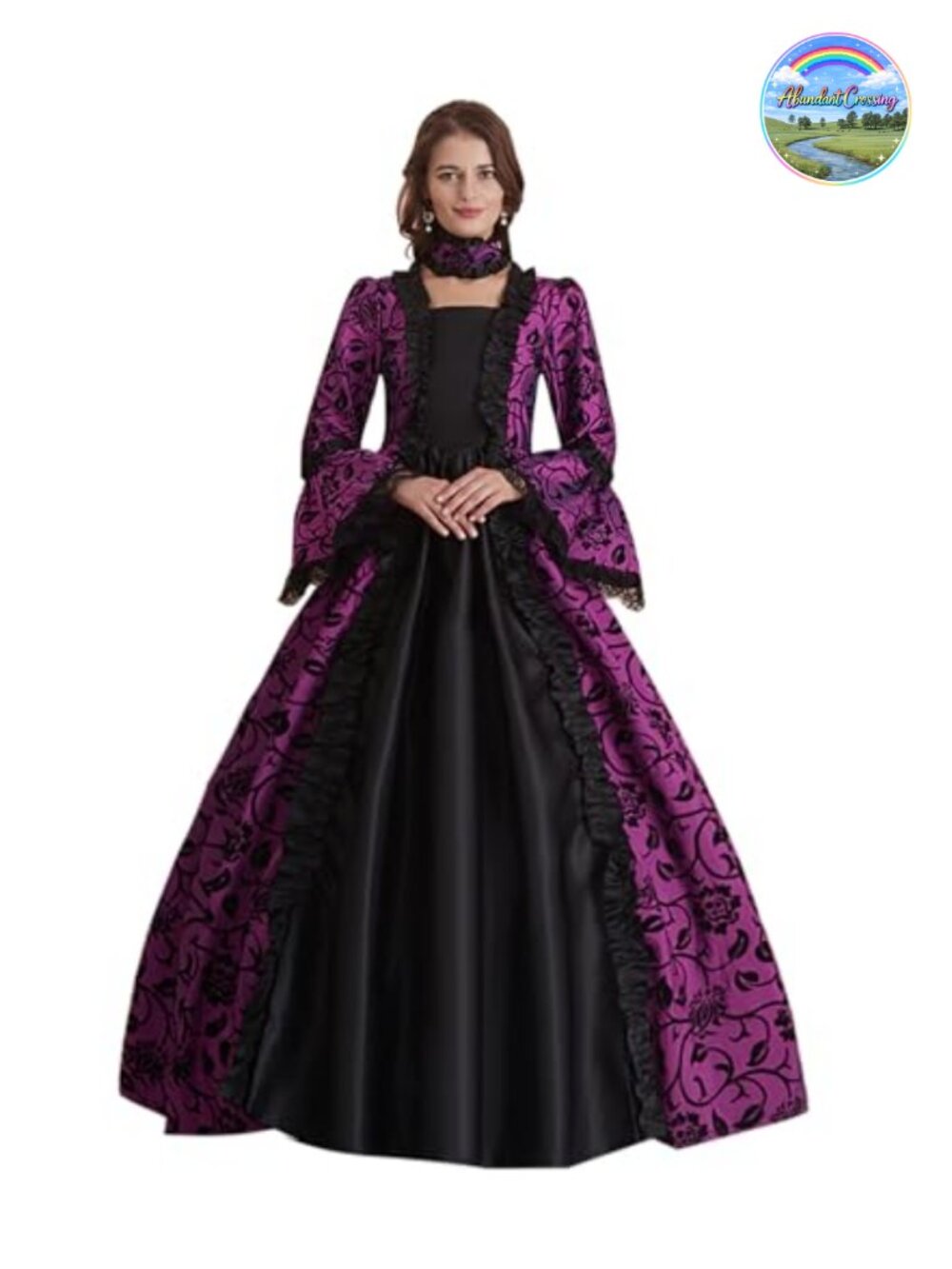 Victorian Rococo Satin Floral Dress Long Sleeve Masquerade Costume - Picture 4 of 6